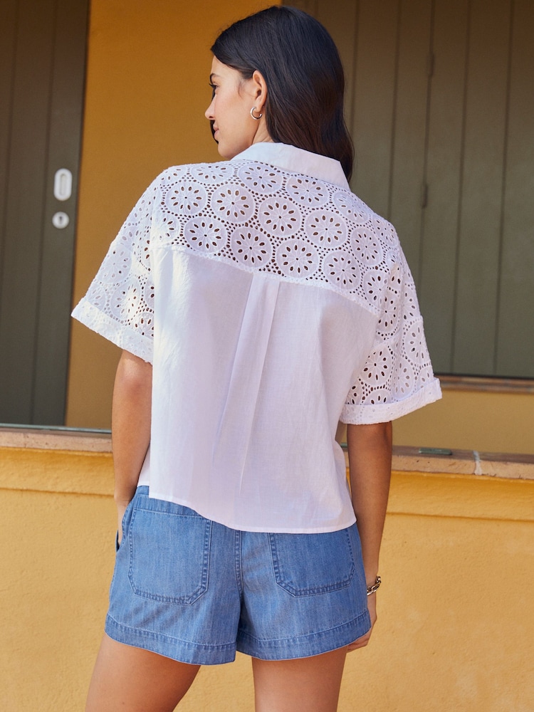 White Broderie Mix Short Sleeve Shirt - Image 2 of 6