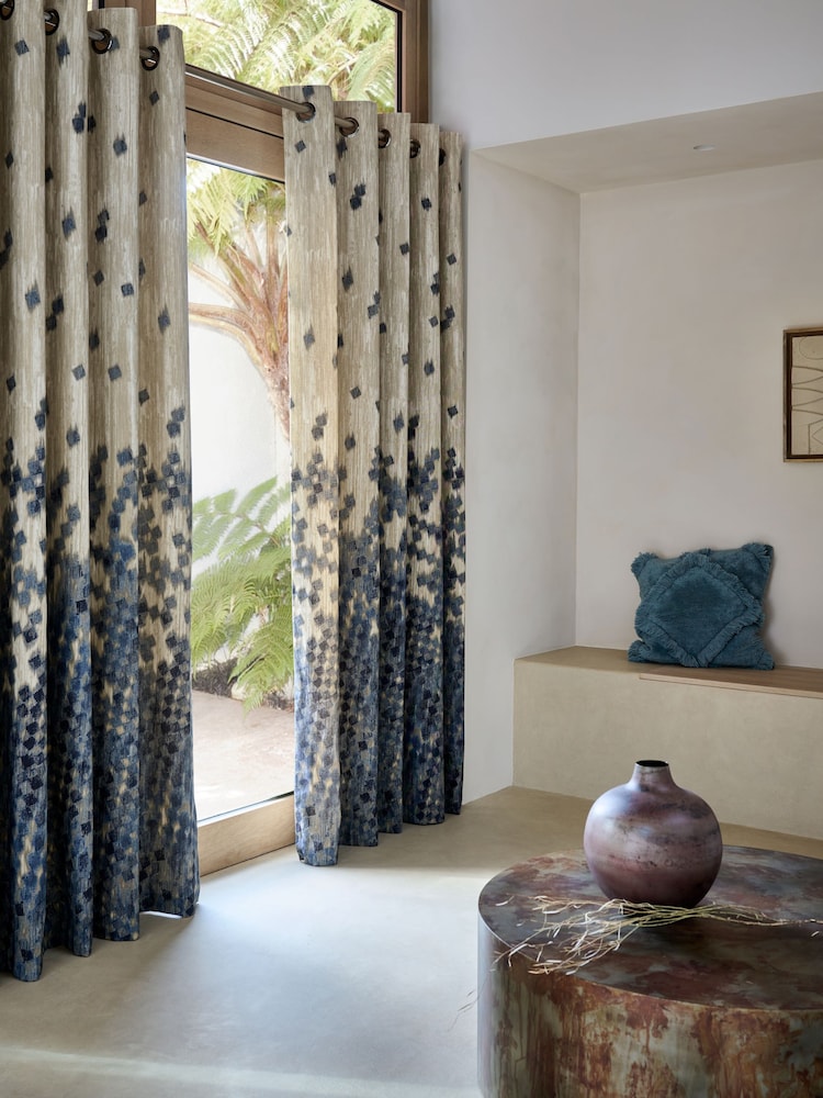 French Connection Blue Eyelet Westbury Cotton Fully Lined Curtains - Image 1 of 5