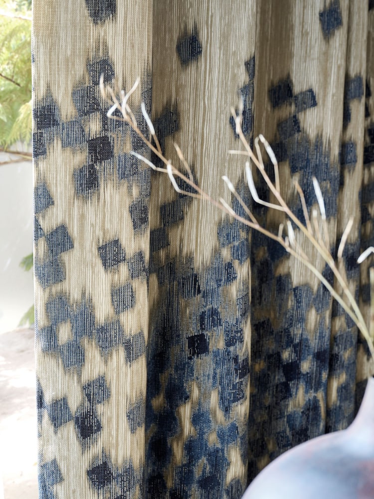 French Connection Blue Eyelet Westbury Cotton Fully Lined Curtains - Image 2 of 5