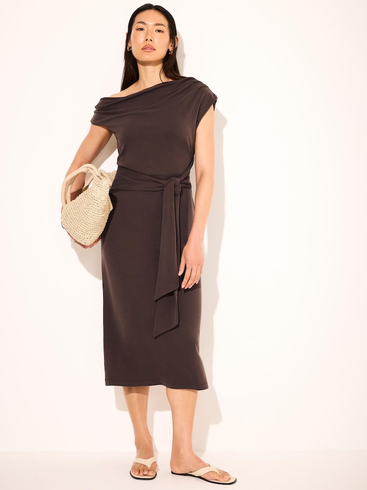 Mint Velvet Brown Tie Detail Midi Dress - Image 1 of 8