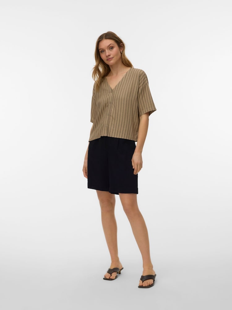 VERO MODA Natural Short Sleeve V-Neck Shirt With A Touch Of Linen - Image 1 of 5 VERO MODA Natural Short Sleeve V-Neck Shirt With A Touch Of Linen - Image 1 of 5