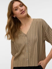 VERO MODA Natural Short Sleeve V-Neck Shirt With A Touch Of Linen - Image 2 of 5