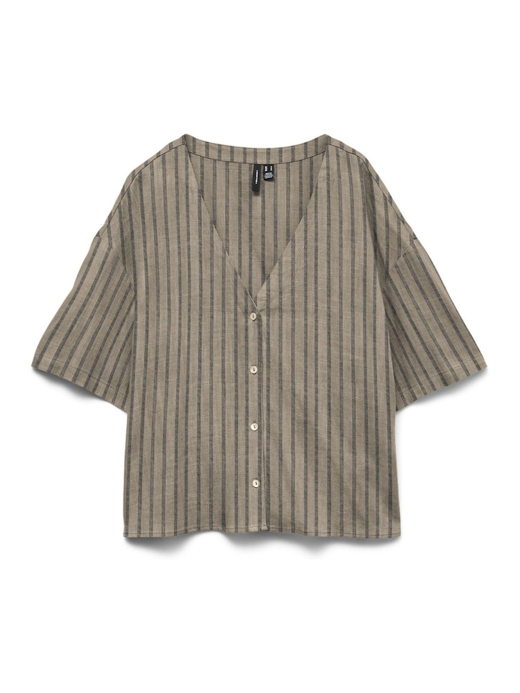 VERO MODA Natural Short Sleeve V-Neck Shirt With A Touch Of Linen - Image 5 of 5 VERO MODA Natural Short Sleeve V-Neck Shirt With A Touch Of Linen - Image 5 of 5