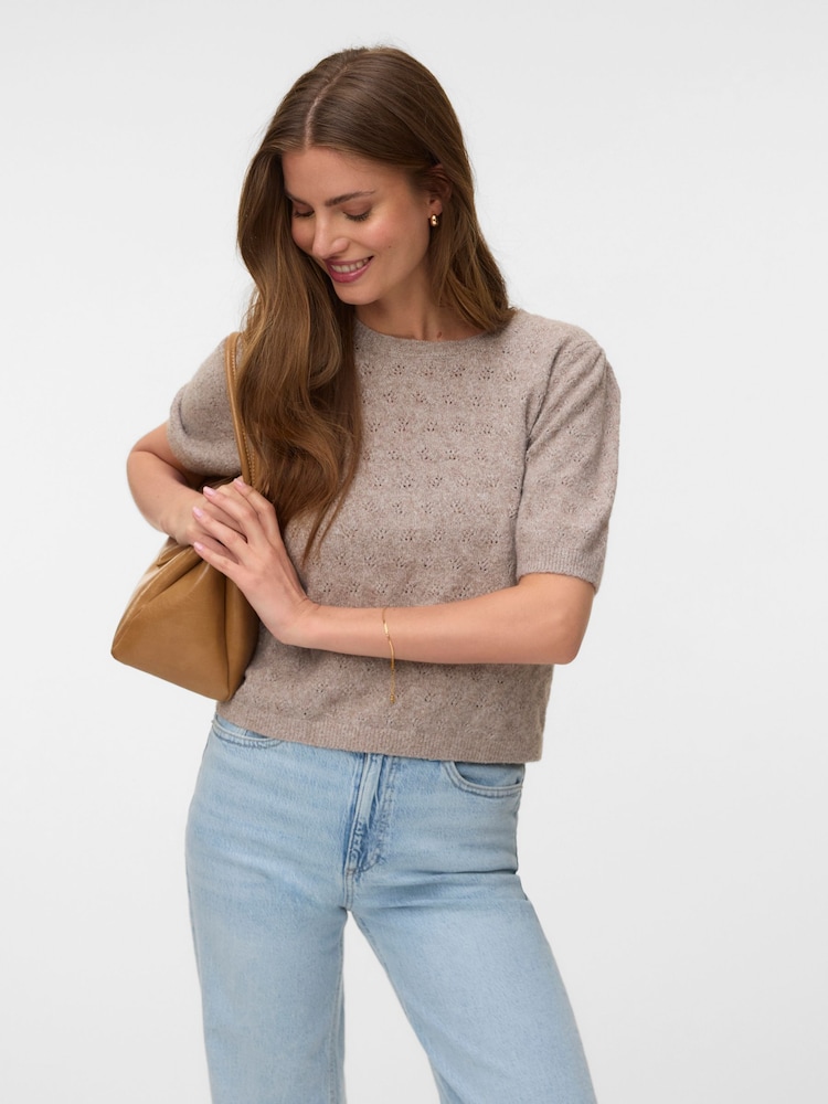 VERO MODA Grey Pointelle Short Sleeve Round Neck Jumper - Image 1 of 5