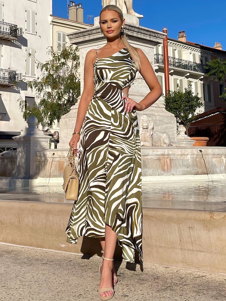 AX Paris Green Print Asymmetric Cut Out Midi Dress - Image 1 of 4