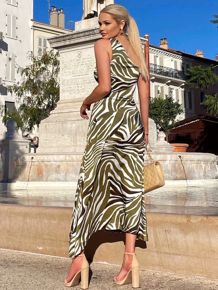 AX Paris Green Print Asymmetric Cut Out Midi Dress - Image 2 of 4
