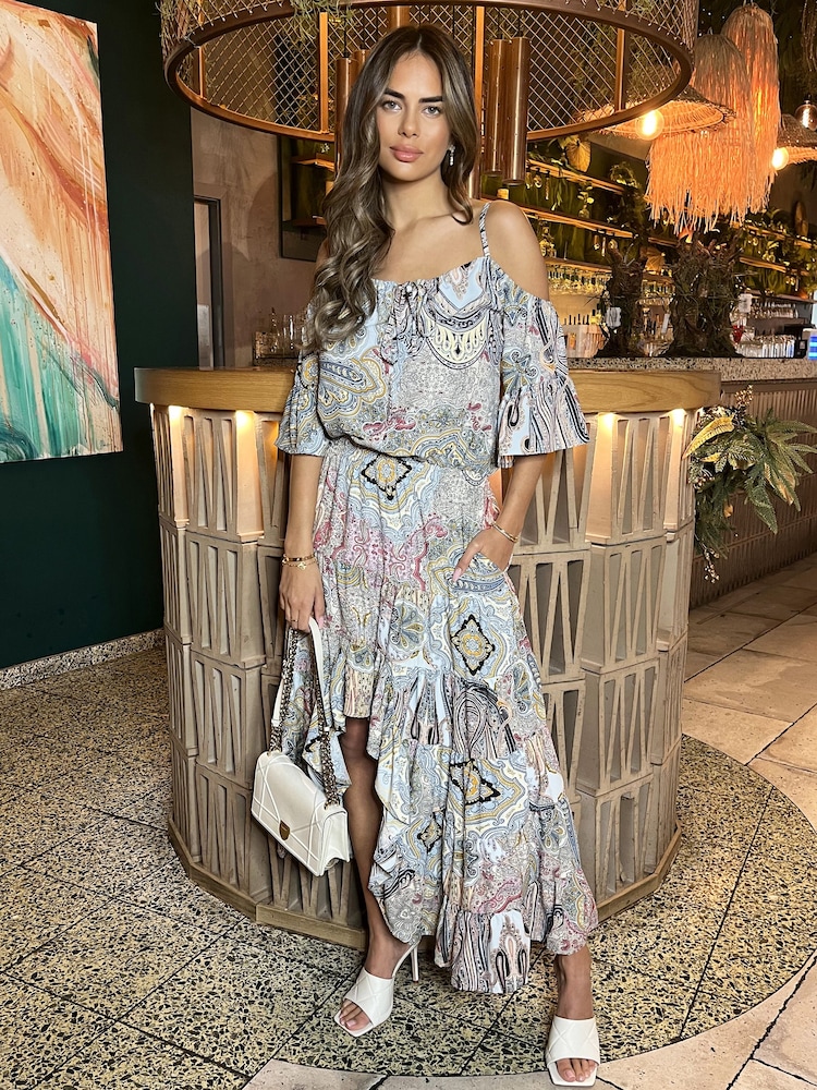 AX Paris Pink Paisley Multi Printed Cold Shoulder Asymmetric Smock Midi Dress - Image 1 of 4