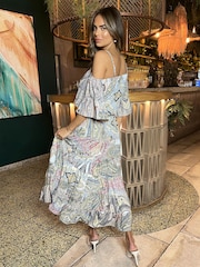 AX Paris Pink Paisley Multi Printed Cold Shoulder Asymmetric Smock Midi Dress - Image 2 of 4