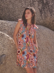 Orange Tropical Print Linen Blend V-Neck Summer Sleeveless Shift Dress - Image 1 of 6