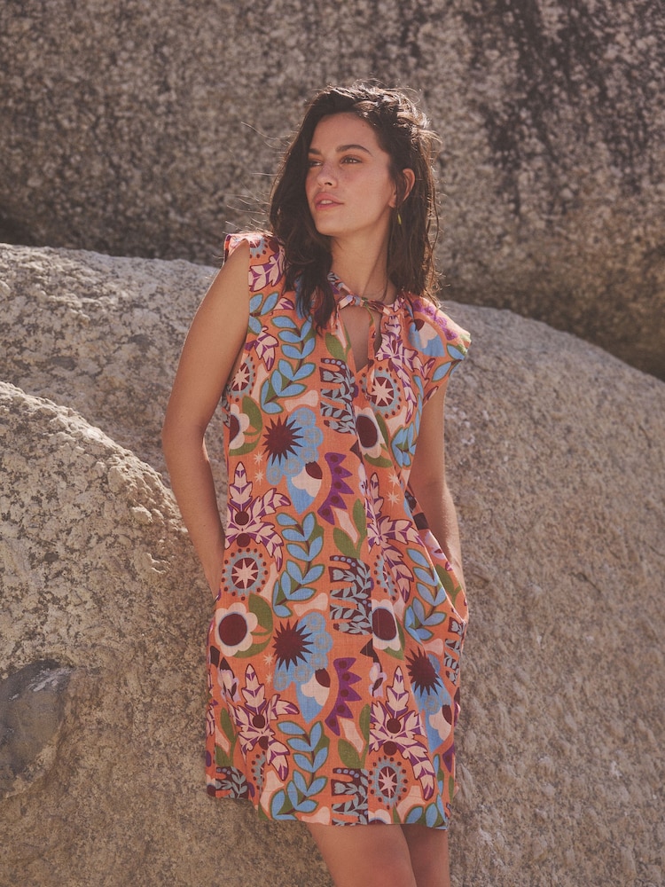 Orange Tropical Print Linen Blend V-Neck Summer Sleeveless Shift Dress - Image 1 of 6