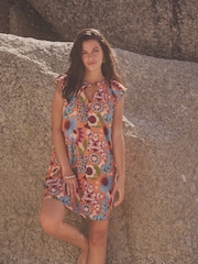 Orange Tropical Print Linen Blend V-Neck Summer Sleeveless Shift Dress - Image 2 of 6
