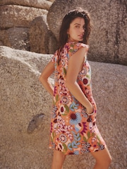 Orange Tropical Print Linen Blend V-Neck Summer Sleeveless Shift Dress - Image 3 of 6