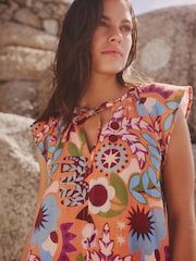Orange Tropical Print Linen Blend V-Neck Summer Sleeveless Shift Dress - Image 4 of 6