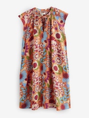 Orange Tropical Print Linen Blend V-Neck Summer Sleeveless Shift Dress - Image 5 of 6