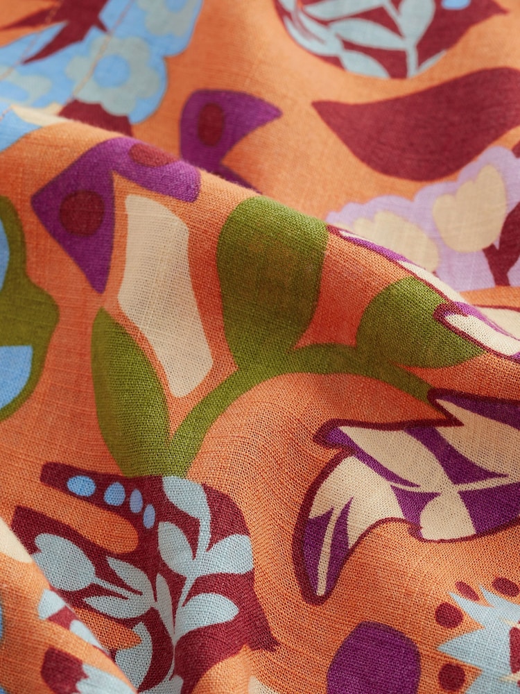 Orange Tropical Print Linen Blend V-Neck Summer Sleeveless Shift Dress - Image 6 of 6