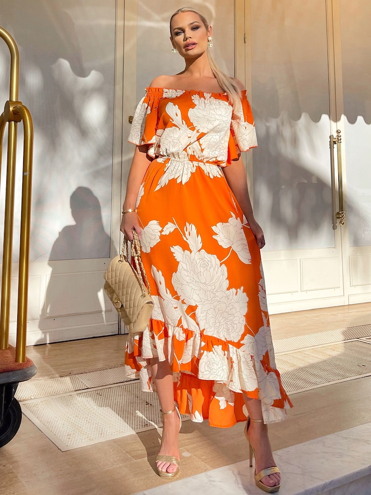 AX Paris Bedrucktes Midikleid mit Carmen-Ausschnitt, Orange - Bild 1 von 4