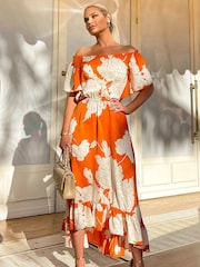 AX Paris Bedrucktes Midikleid mit Carmen-Ausschnitt, Orange - Bild 3 von 4