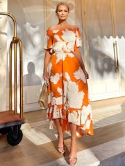 AX Paris Bedrucktes Midikleid mit Carmen-Ausschnitt, Orange - Bild 4 von 4
