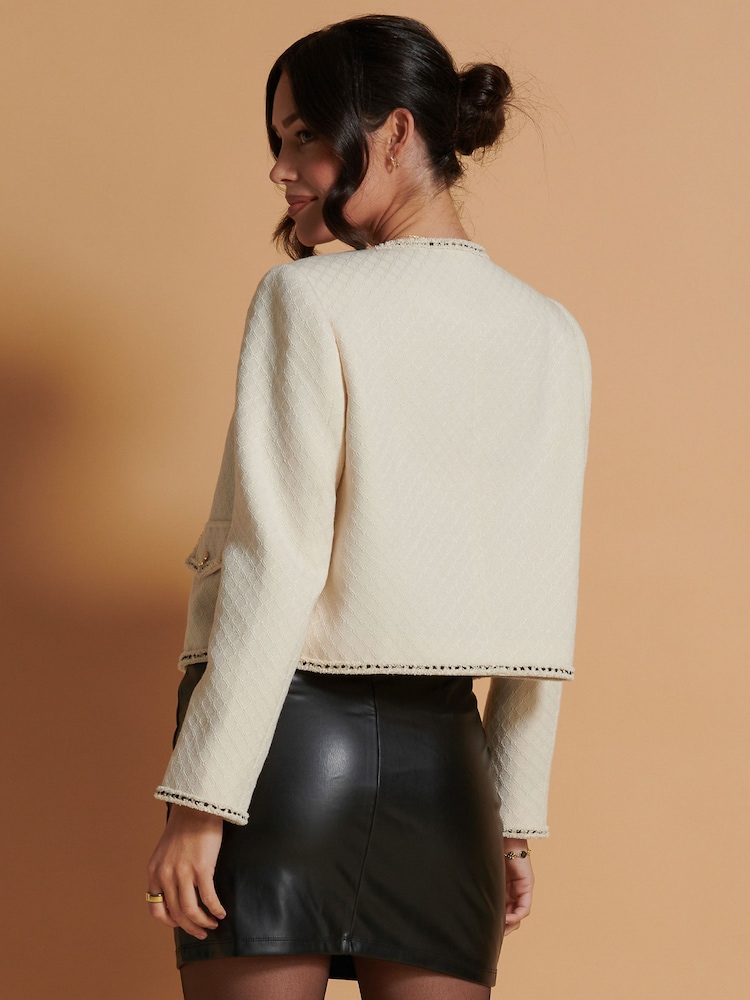 Jolie Moi Cream Contrast Trim Tweed Jacket - Image 2 of 6 Jolie Moi Cream Contrast Trim Tweed Jacket - Image 2 of 6