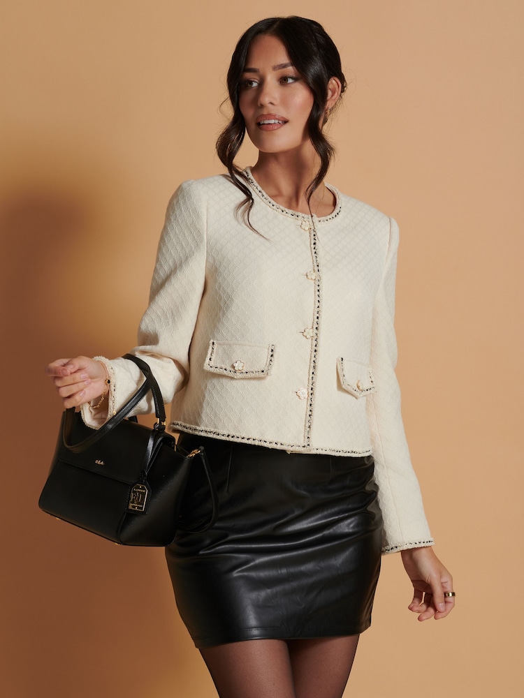 Jolie Moi Cream Contrast Trim Tweed Jacket - Image 4 of 6