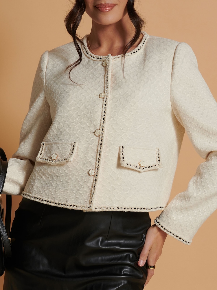 Jolie Moi Cream Contrast Trim Tweed Jacket - Image 6 of 6 Jolie Moi Cream Contrast Trim Tweed Jacket - Image 6 of 6