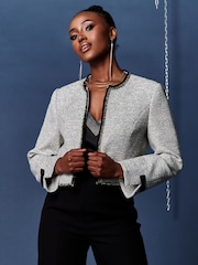Jolie Moi Grey Contrast Trim Tweed Jacket - Image 1 of 5