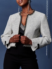 Jolie Moi Grey Contrast Trim Tweed Jacket - Image 5 of 5