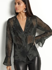 Dark Green Woodland Print V-Neck Long Sleeve Blouse - Image 1 of 6