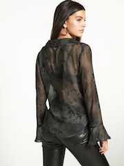 Dark Green Woodland Print V-Neck Long Sleeve Blouse - Image 3 of 6