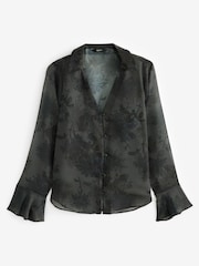 Dark Green Woodland Print V-Neck Long Sleeve Blouse - Image 5 of 6