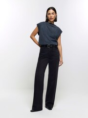 River Island Grey 100% Cotton Drape Cowl Neck T-Shirt - Image 1 of 4