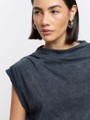 River Island Grey 100% Cotton Drape Cowl Neck T-Shirt - Image 4 of 4