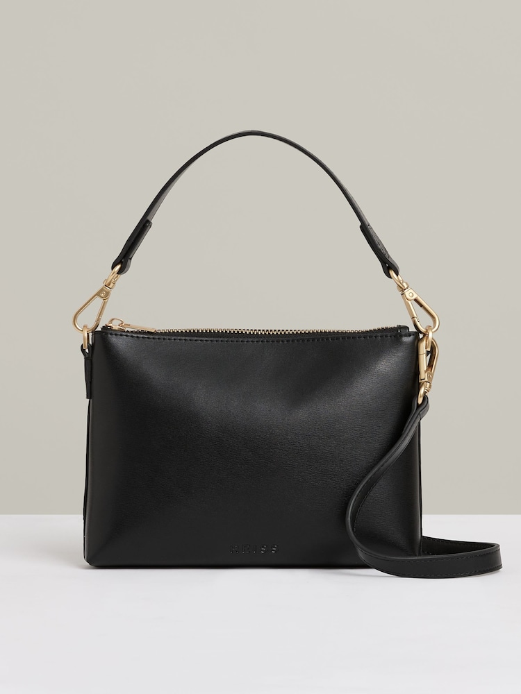 Reiss Black Brompton Leather Double Strap Pouch Bag - Image 1 of 5 Reiss Black Brompton Leather Double Strap Pouch Bag - Image 1 of 5