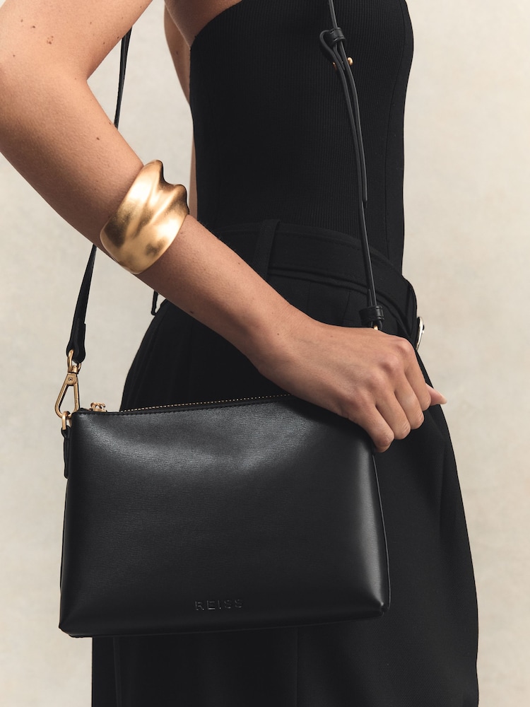 Reiss Black Brompton Leather Double Strap Pouch Bag - Image 2 of 5