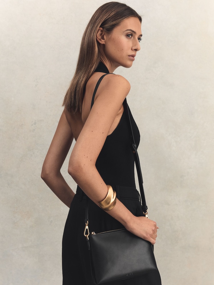 Reiss Black Brompton Leather Double Strap Pouch Bag - Image 5 of 5