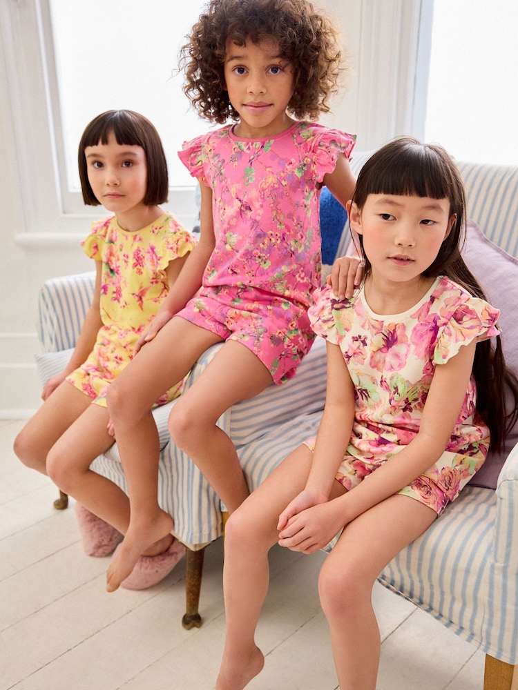 Pink/ Yellow Floral Short Pyjamas 3 Pack (1.5-12yrs) - Image 1 of 12