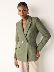 Sage Green Bouclé Fitted Double Breasted Blazer - Image 1 of 6