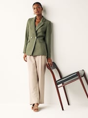 Sage Green Bouclé Fitted Double Breasted Blazer - Image 2 of 6