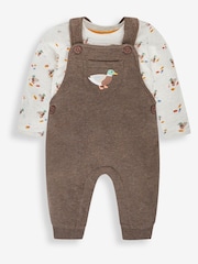 JoJo Maman Bébé Marl Brown Duck Boys' Sausage Dog Appliqué Pocket Dungarees & Top Set - Image 1 of 5
