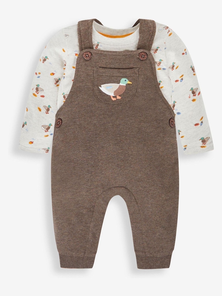 JoJo Maman Bébé Marl Brown Duck Boys' Sausage Dog Appliqué Pocket Dungarees & Top Set - Image 1 of 5