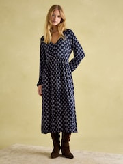 Joules Nia Navy Blue Floral V-Neck Long Sleeve Midaxi Dress - Image 1 of 6