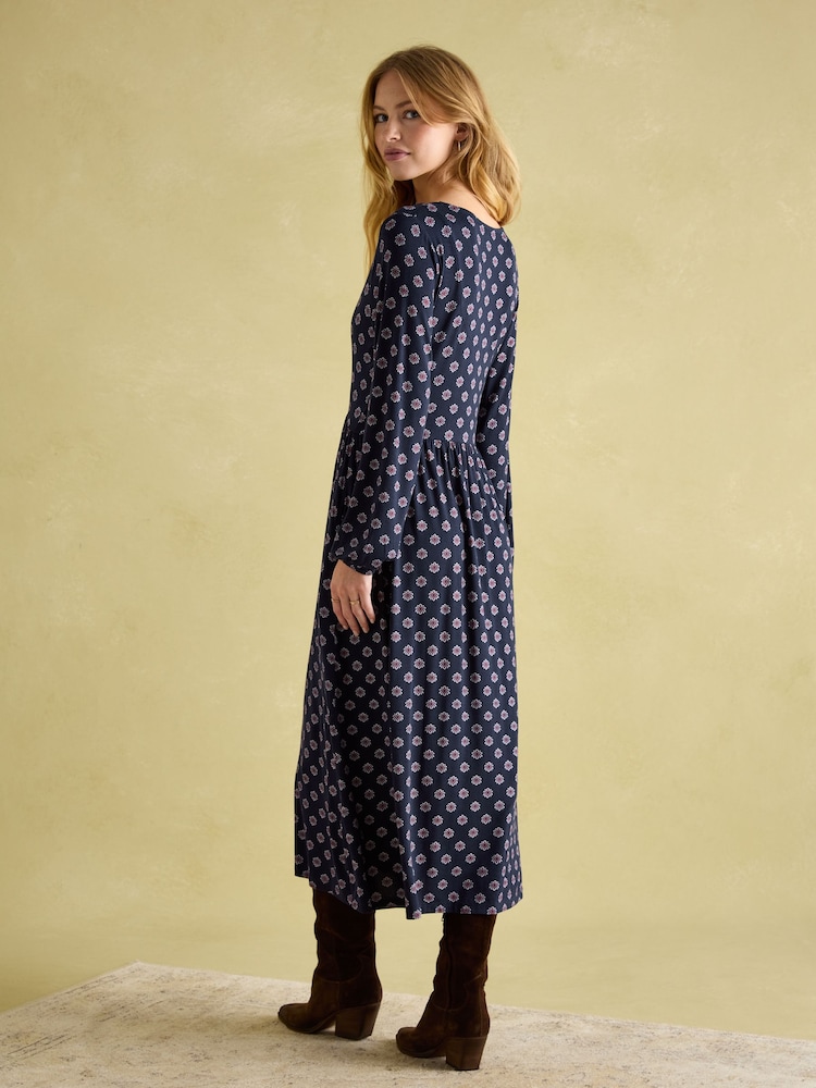 Joules Nia Navy Blue Floral V-Neck Long Sleeve Midaxi Dress - Image 2 of 6