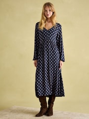Joules Nia Navy Blue Floral V-Neck Long Sleeve Midaxi Dress - Image 4 of 6