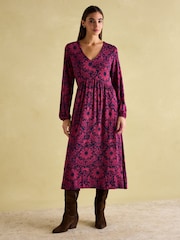 Joules Nia Red & Navy V-Neck Long Sleeve Midaxi Dress - Image 1 of 7