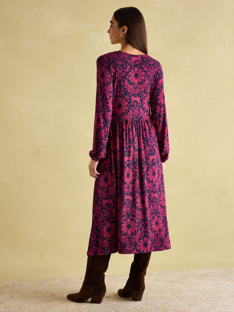 Joules Nia Red & Navy V-Neck Long Sleeve Midaxi Dress - Image 2 of 7