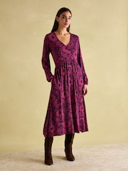 Joules Nia Red & Navy V-Neck Long Sleeve Midaxi Dress - Image 3 of 7