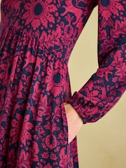 Joules Nia Red & Navy V-Neck Long Sleeve Midaxi Dress - Image 6 of 7