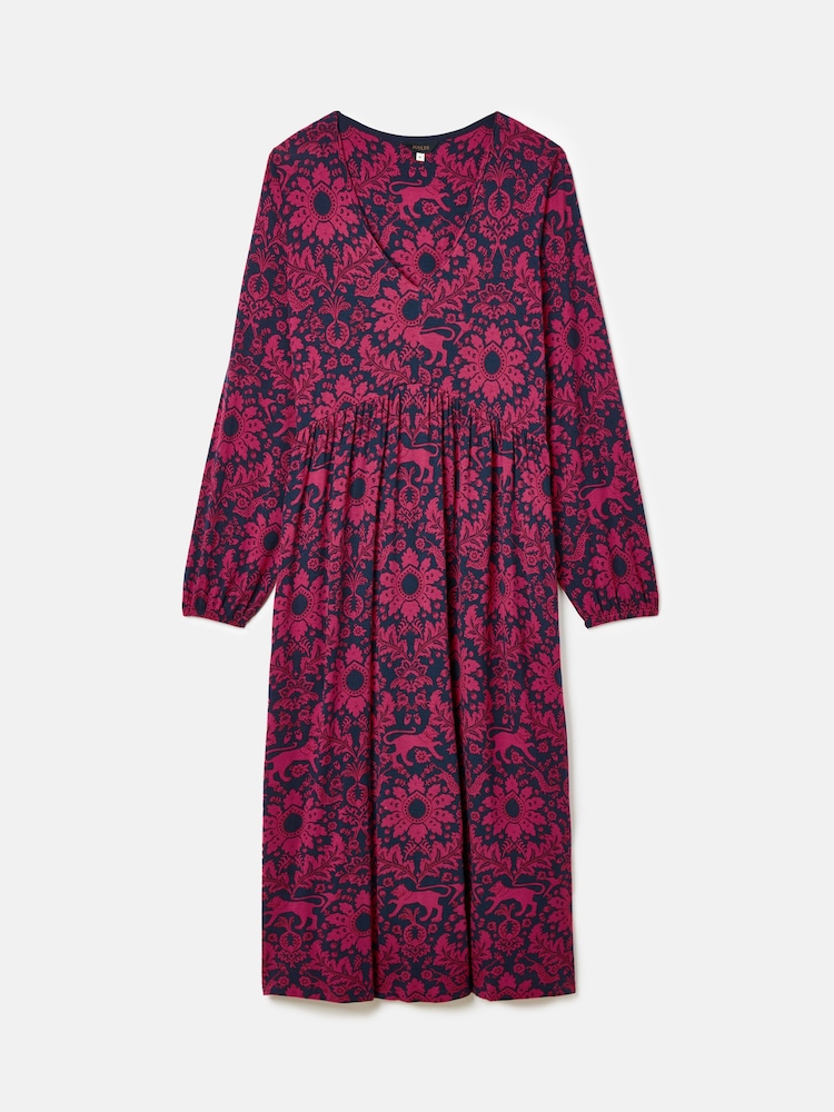 Joules Nia Red & Navy V-Neck Long Sleeve Midaxi Dress - Image 7 of 7