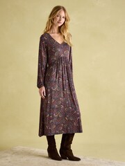 Joules Nia Navy/Burgundy Long Sleeve Midaxi Dress - Image 1 of 6