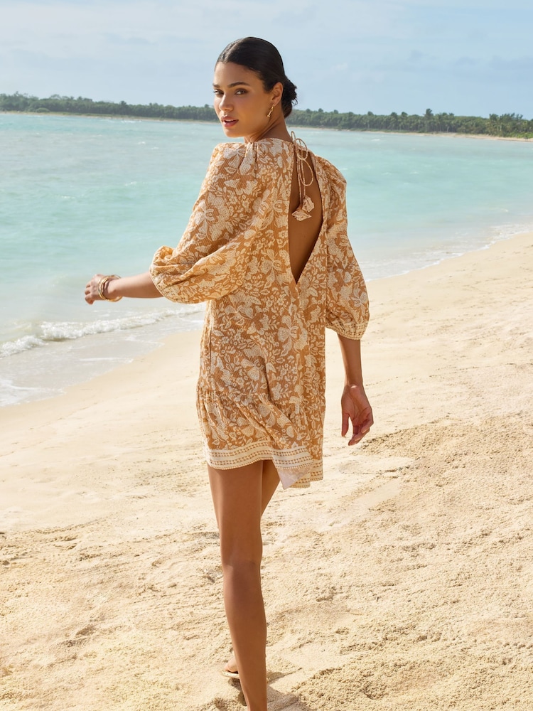 Lipsy Gold Puff Sleeve V Neck Shift Holiday Shop Dress - Image 2 of 4 Lipsy Gold Puff Sleeve V Neck Shift Holiday Shop Dress - Image 2 of 4